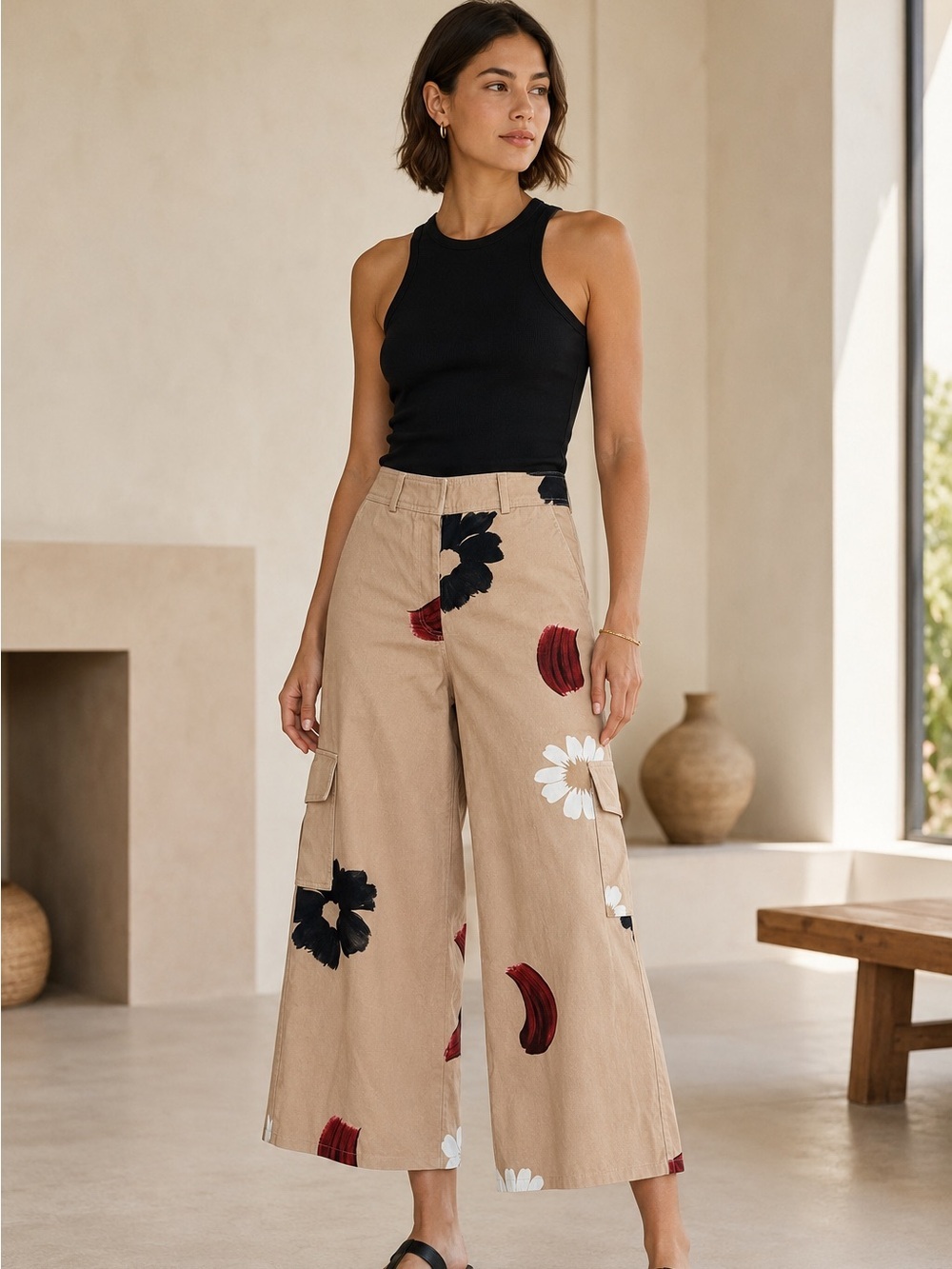 Jazmín Chebar Floral Wide Leg Cargo Pants Tan Size 6